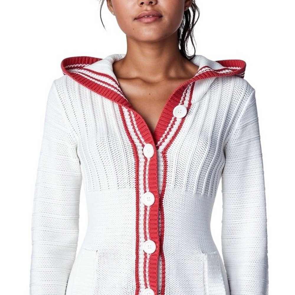 Moda International White and Red Hooded Cardigan in Small